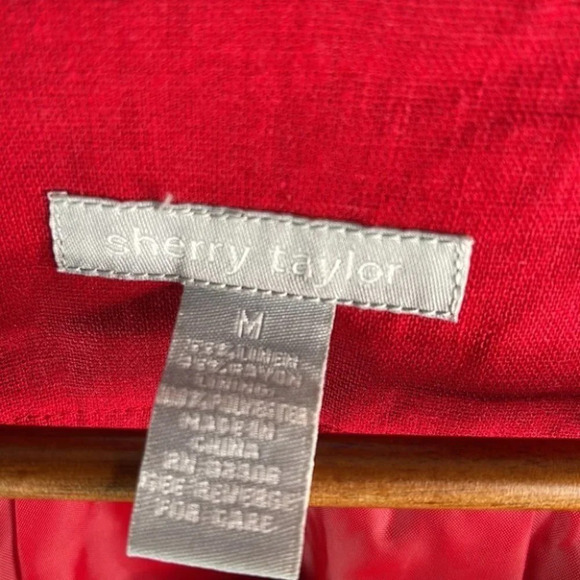 SHERRY TAYLOR Linen Blend Collarless Blazer Red 3 Button Size M - Picture 7 of 10
